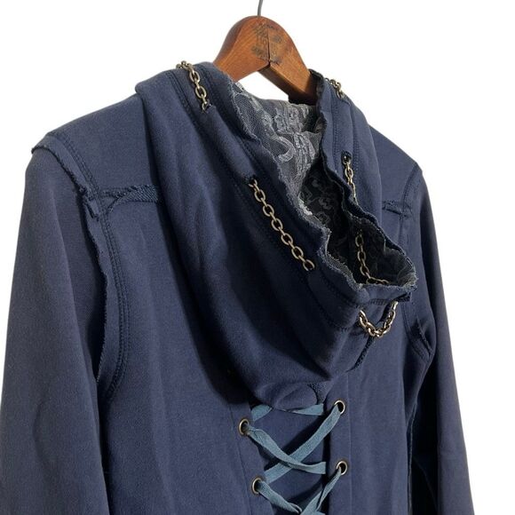 Hendi Full Zip Lace Embroidery Studded Chain Lace Up Back Hoodie Navy Sz Medium - Picture 9 of 11